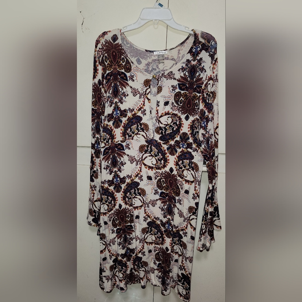ANGL Long Sleeve Paisley Dress in Cream and Brown